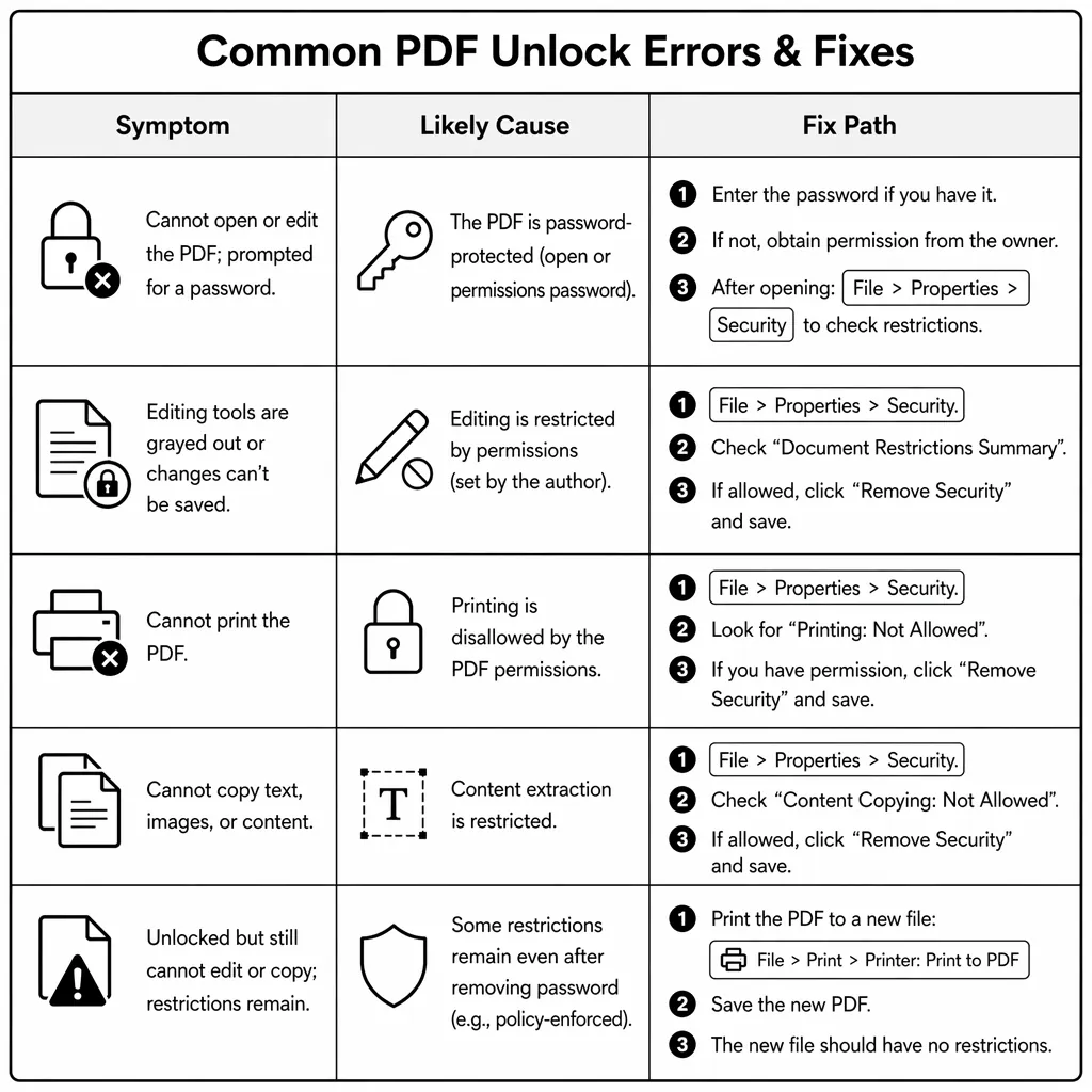 A table-style infographic “Common PDF Unlock Errors & Fixes”, 5 rows with columns: Symptom, Likely C
