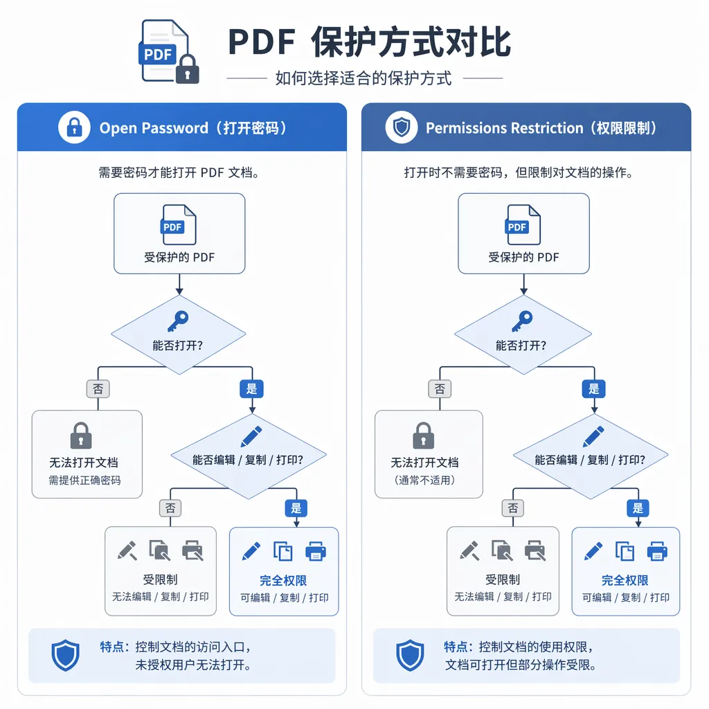 Clean infographic comparing two PDF protections: “Open Password” vs “Permissions Restriction”. Inclu