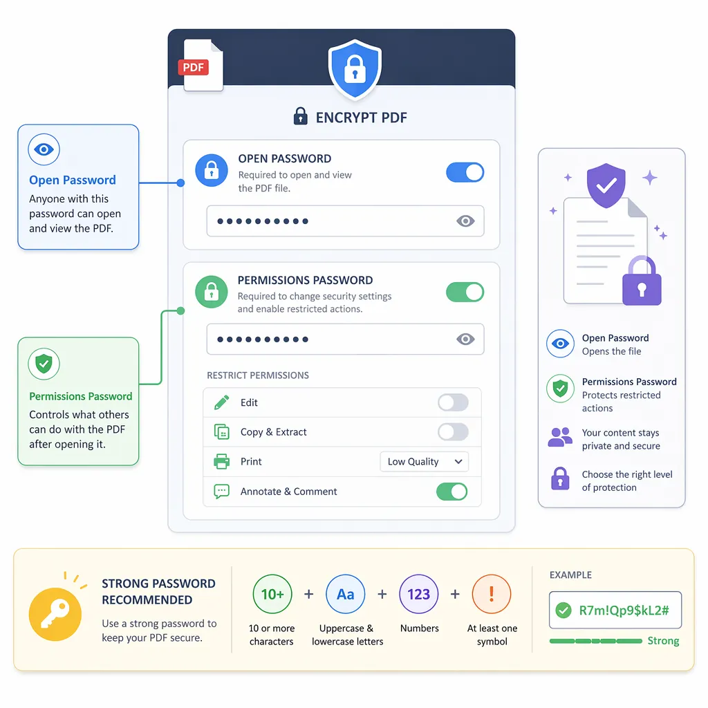 Annotated UI-style diagram explaining PDF encryption settings: Open Password vs Permissions Password