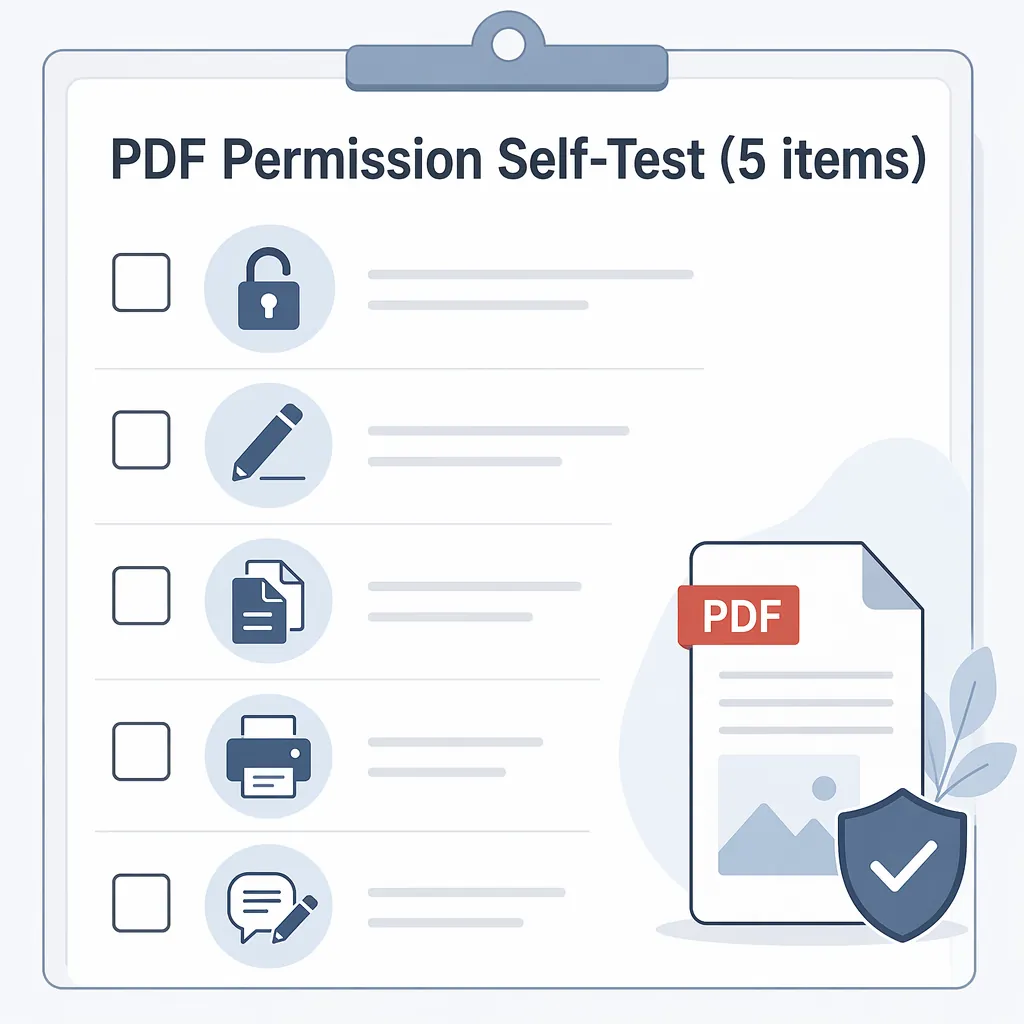 Checklist infographic titled “PDF Permission Self-Test (5 items)” with five checkboxes: open passwor