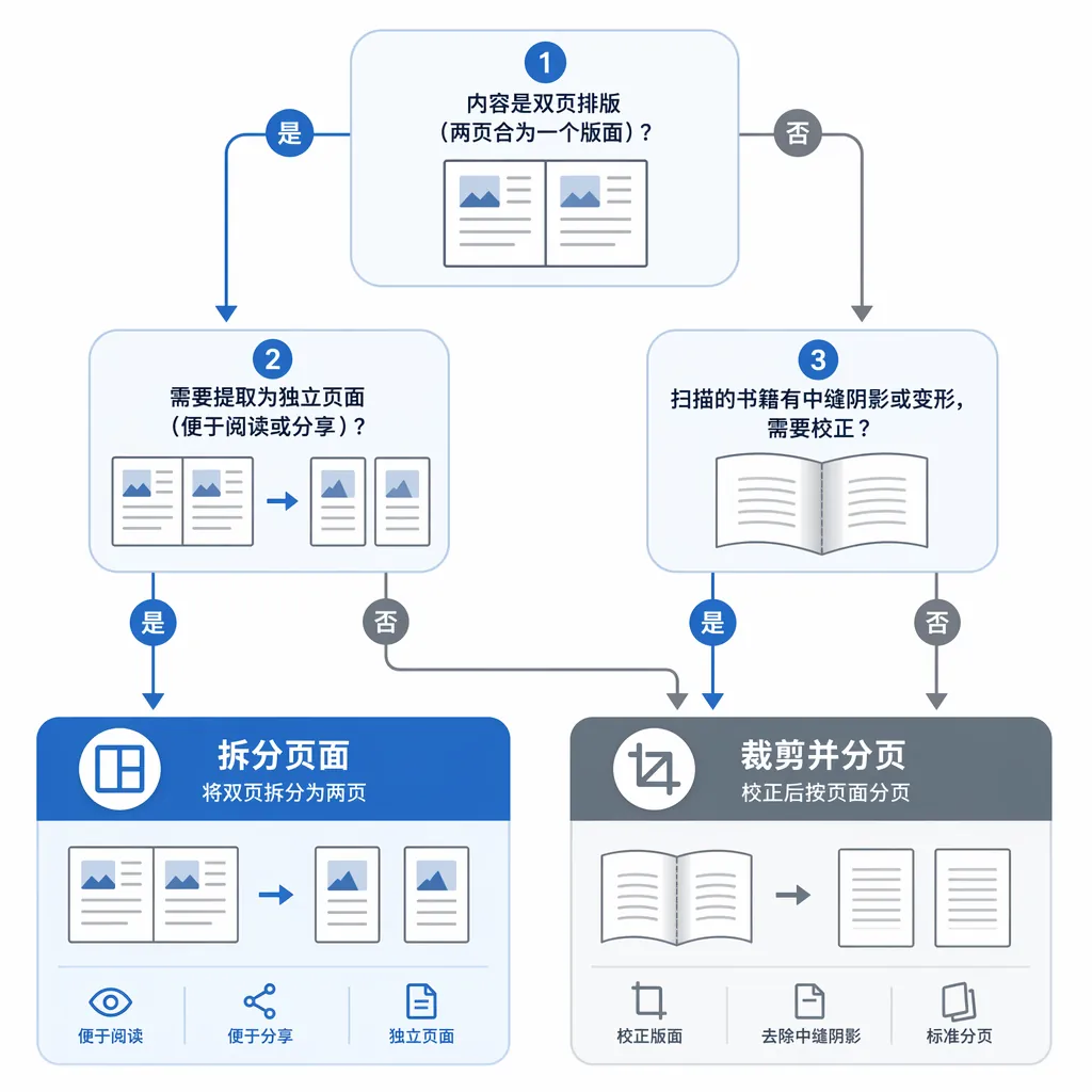 Clean infographic flowchart comparing “Split pages” vs “Crop and paginate”, with 3 decision boxes (t