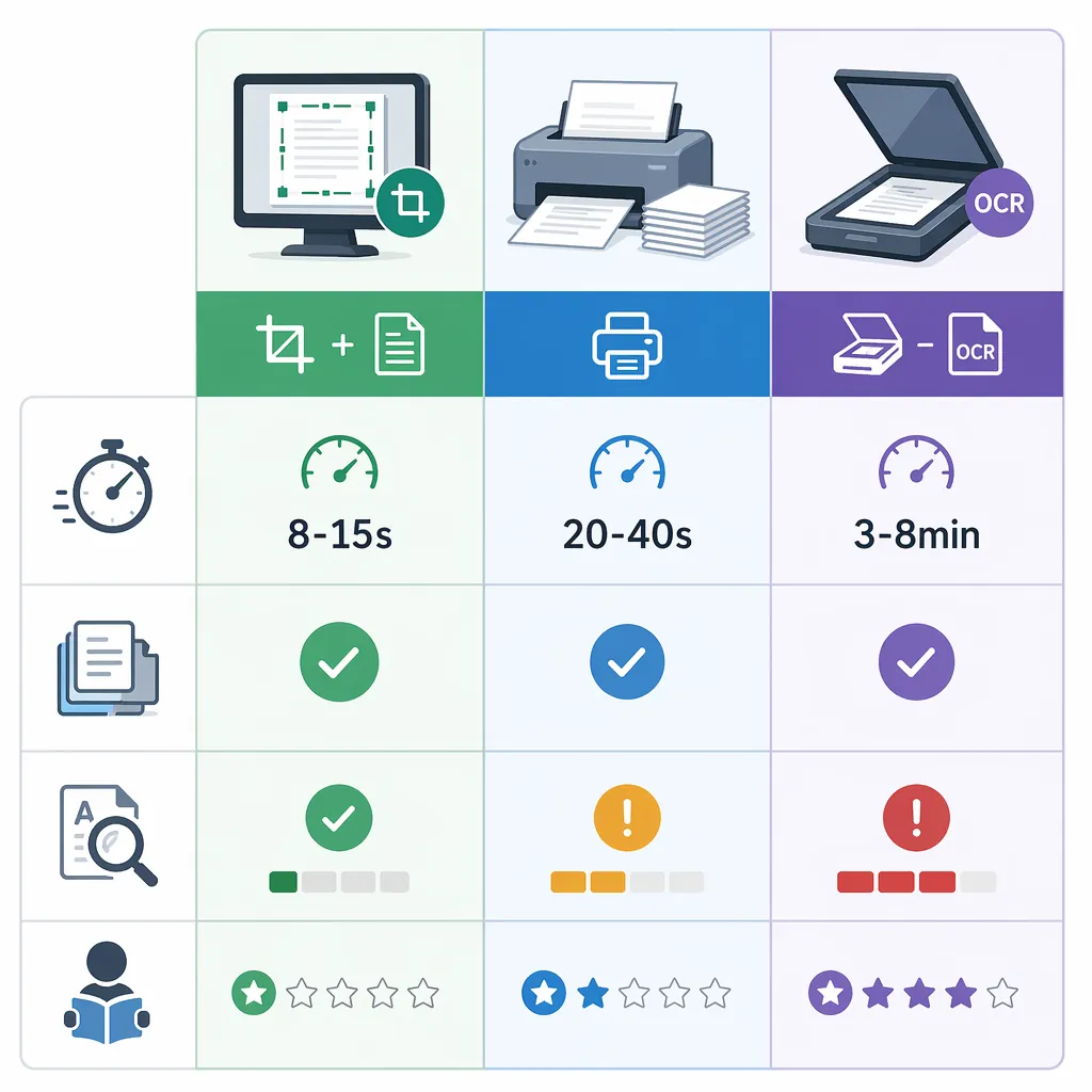 Comparison table infographic with 3 columns (Tool crop+paginate, Print workaround, Rescan/OCR), rows
