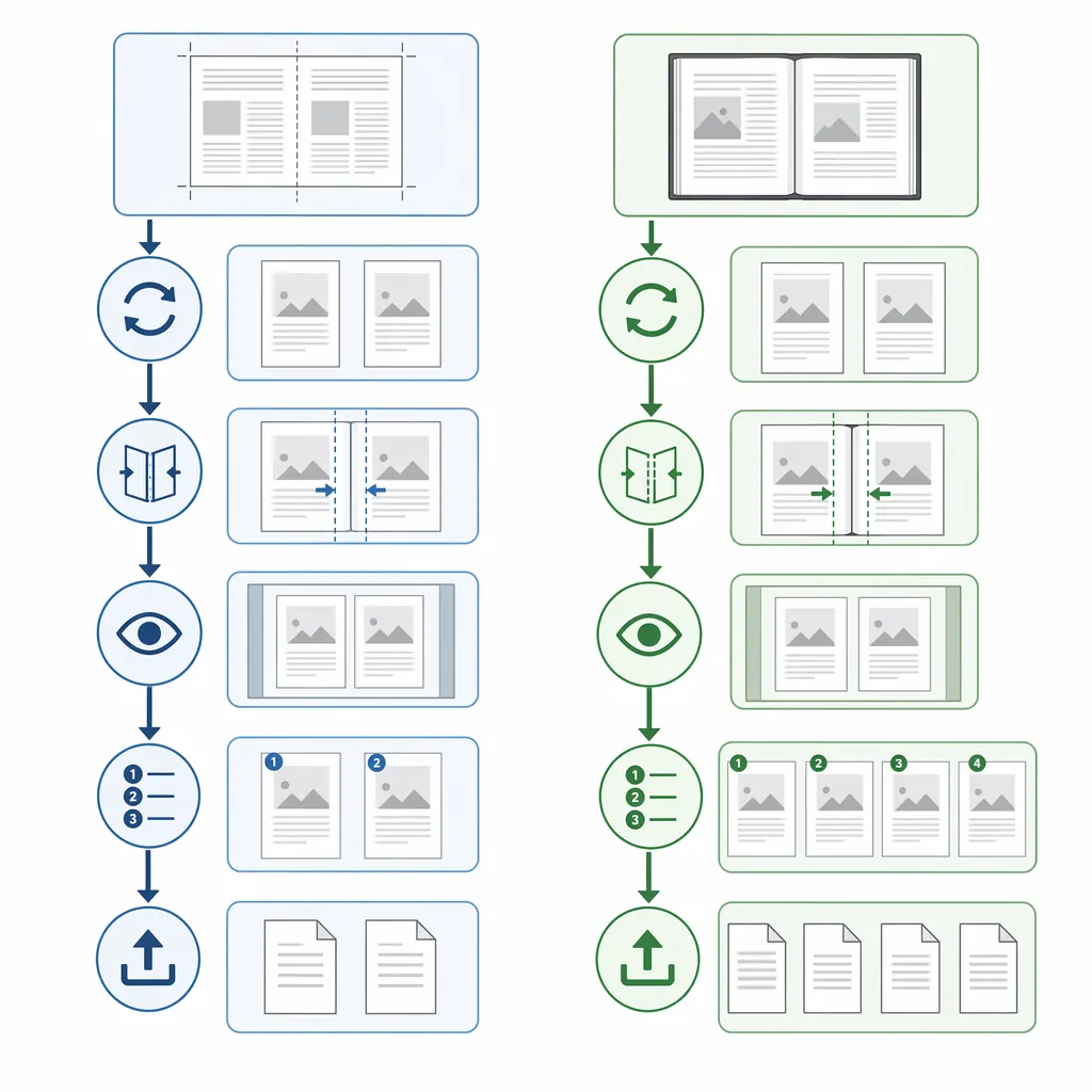 Dual-path flowchart showing two workflows side-by-side: “A3 exam split to A4” and “Scanned spread sp