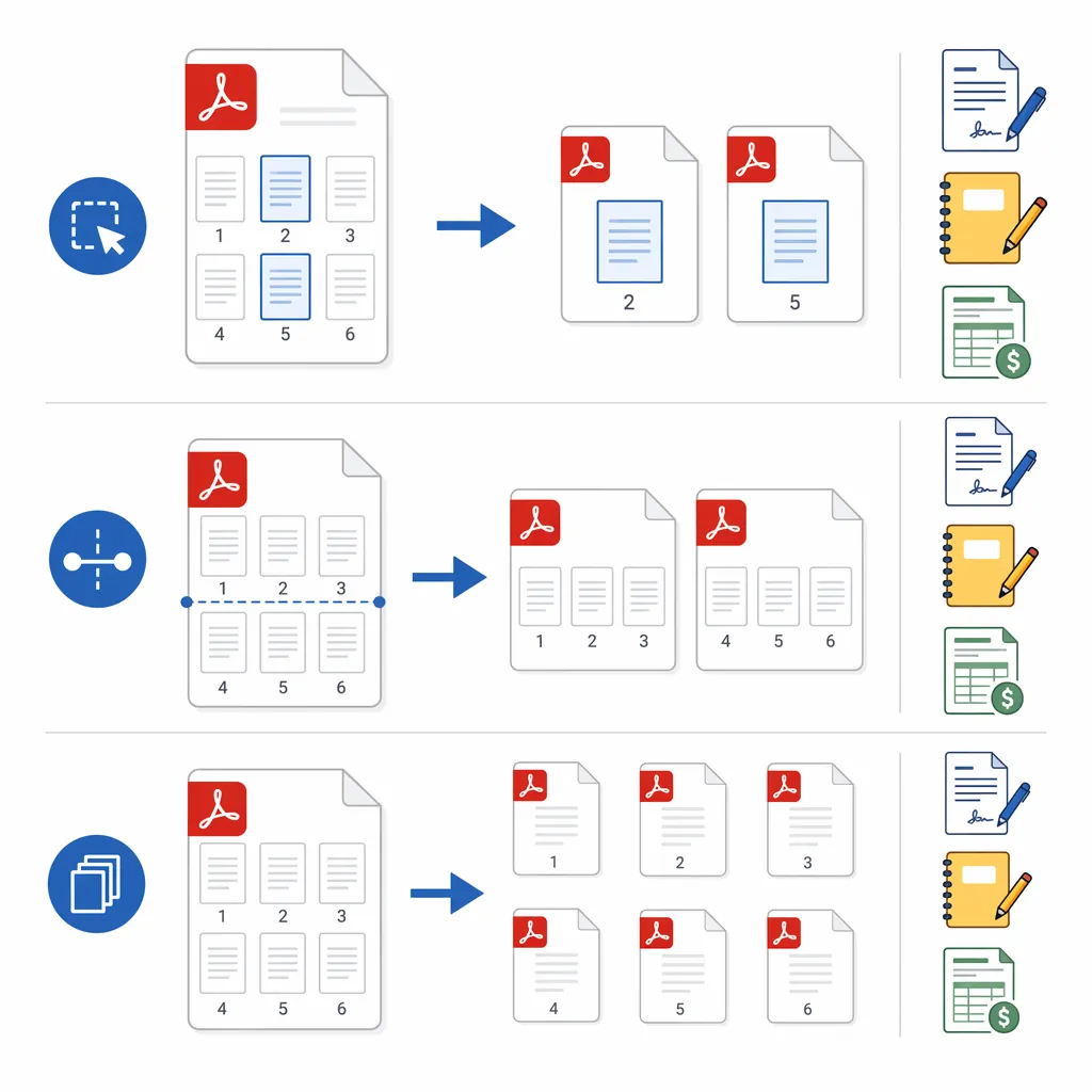 Clean infographic showing three PDF split goals: extract selected pages, split by range into two PDF