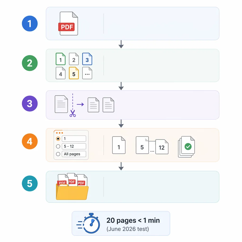 Minimal flowchart with 5 steps for local PDF splitting: Open PDF → Organize Pages → Choose Extract/S