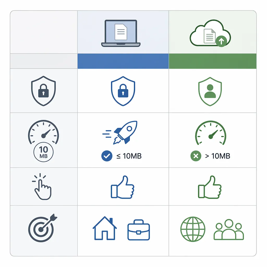 Side-by-side comparison table graphic of local vs online PDF splitting, with metrics: privacy, speed