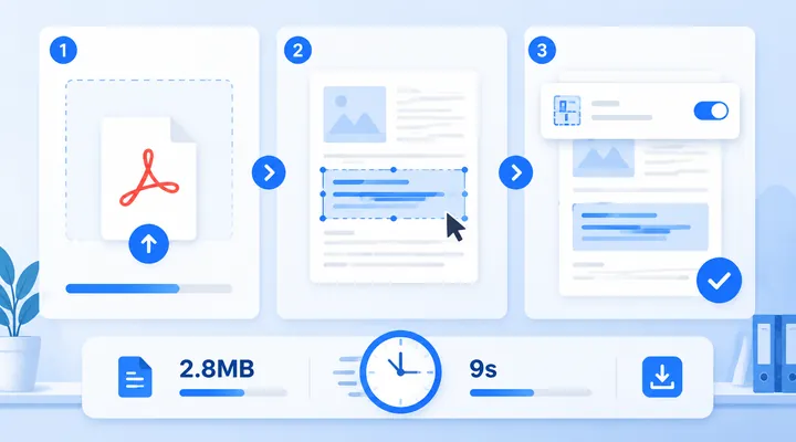 Infographic showing 3-step online PDF editing workflow: upload file, click text box to edit, enable 