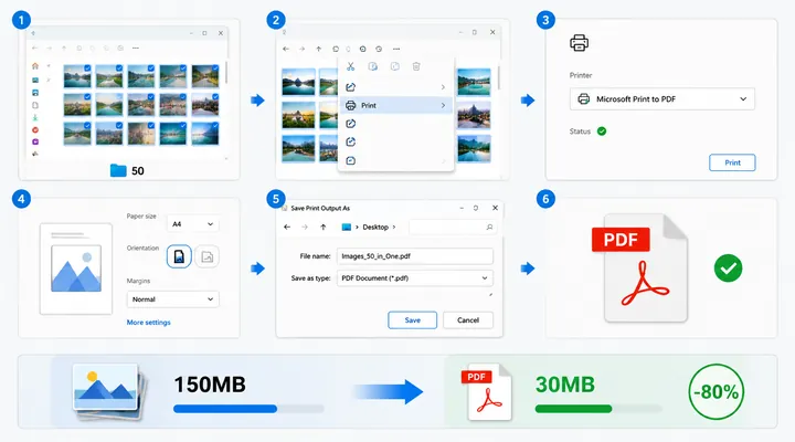 Infographic showing Windows image-to-PDF workflow: select 50 images, right-click print, choose Micro