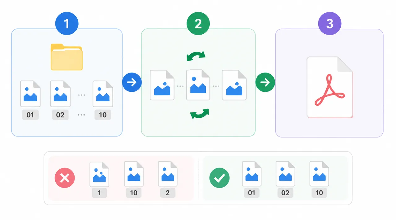 Minimal flowchart with 3 big steps for merging multiple JPG images into one PDF: rename files with 0