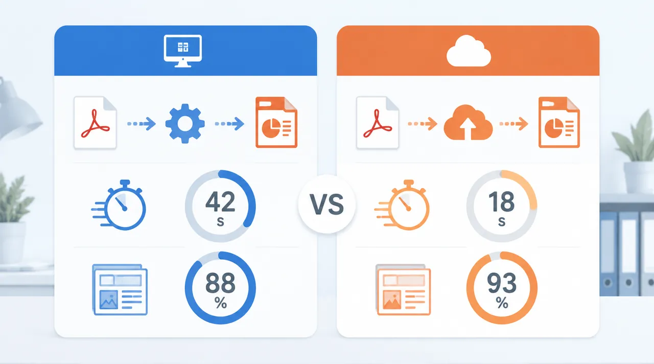 Infographic comparing two PDF to PPT methods, local software versus online converter, showing speed 