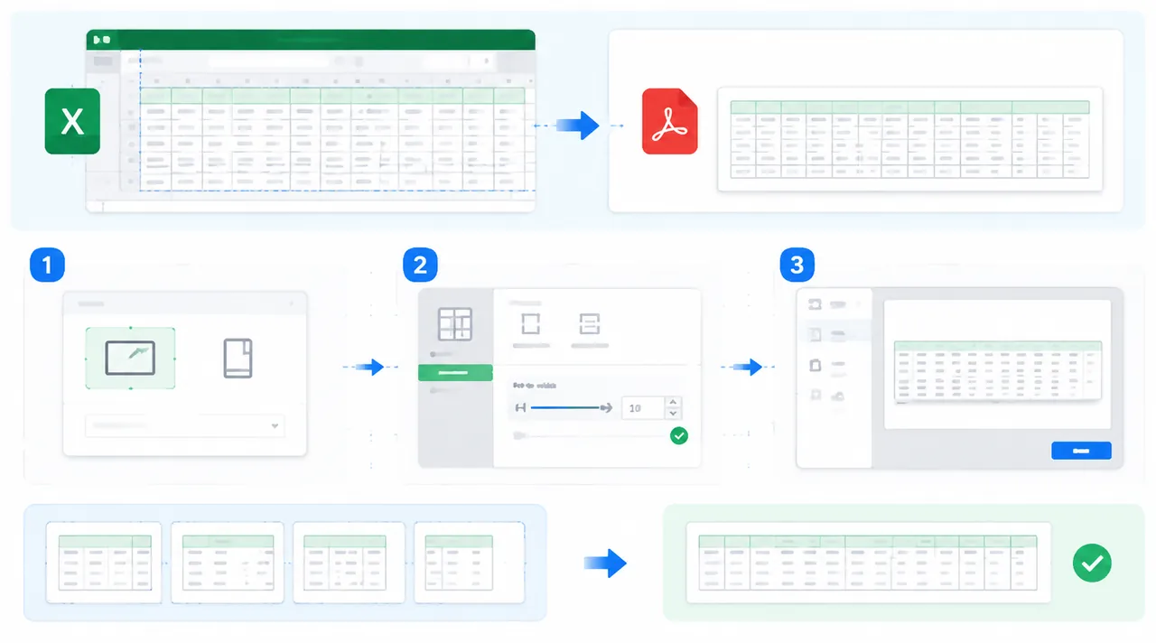Infographic showing Excel wide table to PDF on one page, with 3 steps: set landscape orientation, pa