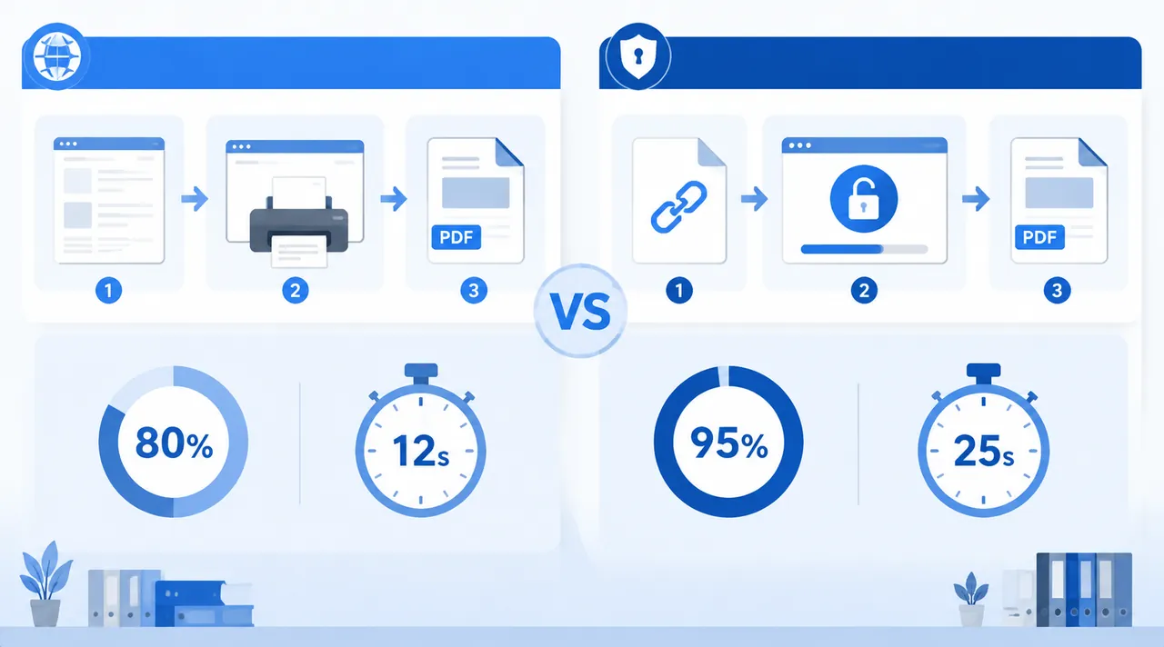 Infographic comparing two PDF unlock methods for CNKI reports: browser print to PDF vs online unlock