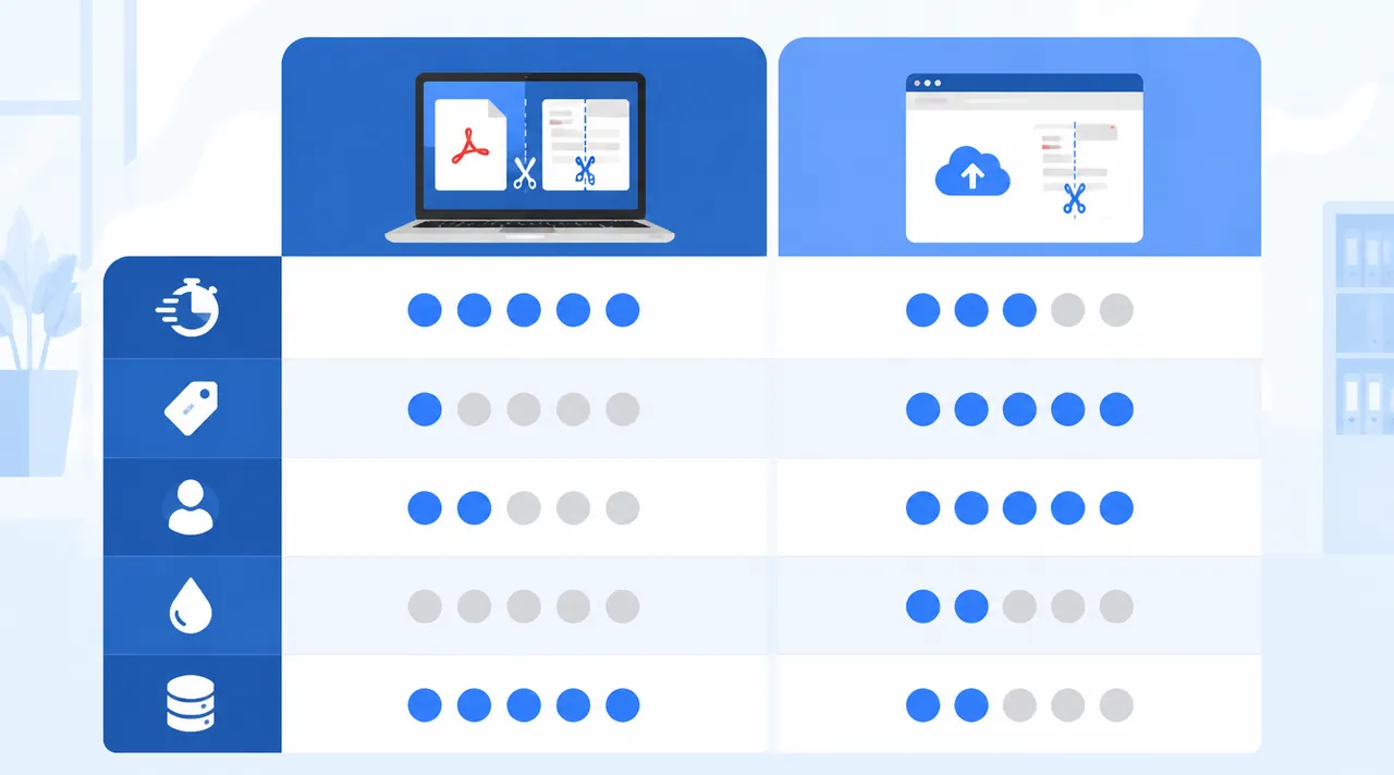 Clean infographic comparison chart of PDF split methods, showing desktop software vs online tool acr