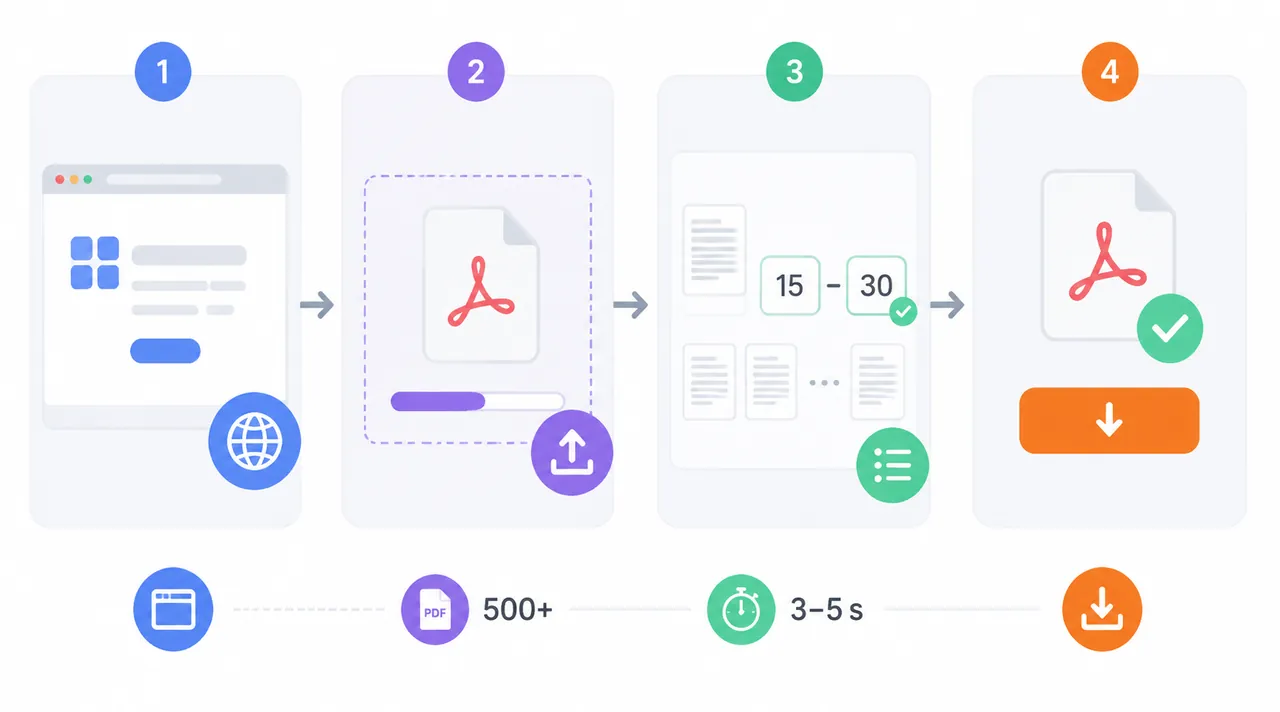 Step-by-step flowchart for free PDF splitting with 4 stages: open web tool, upload PDF, enter page r