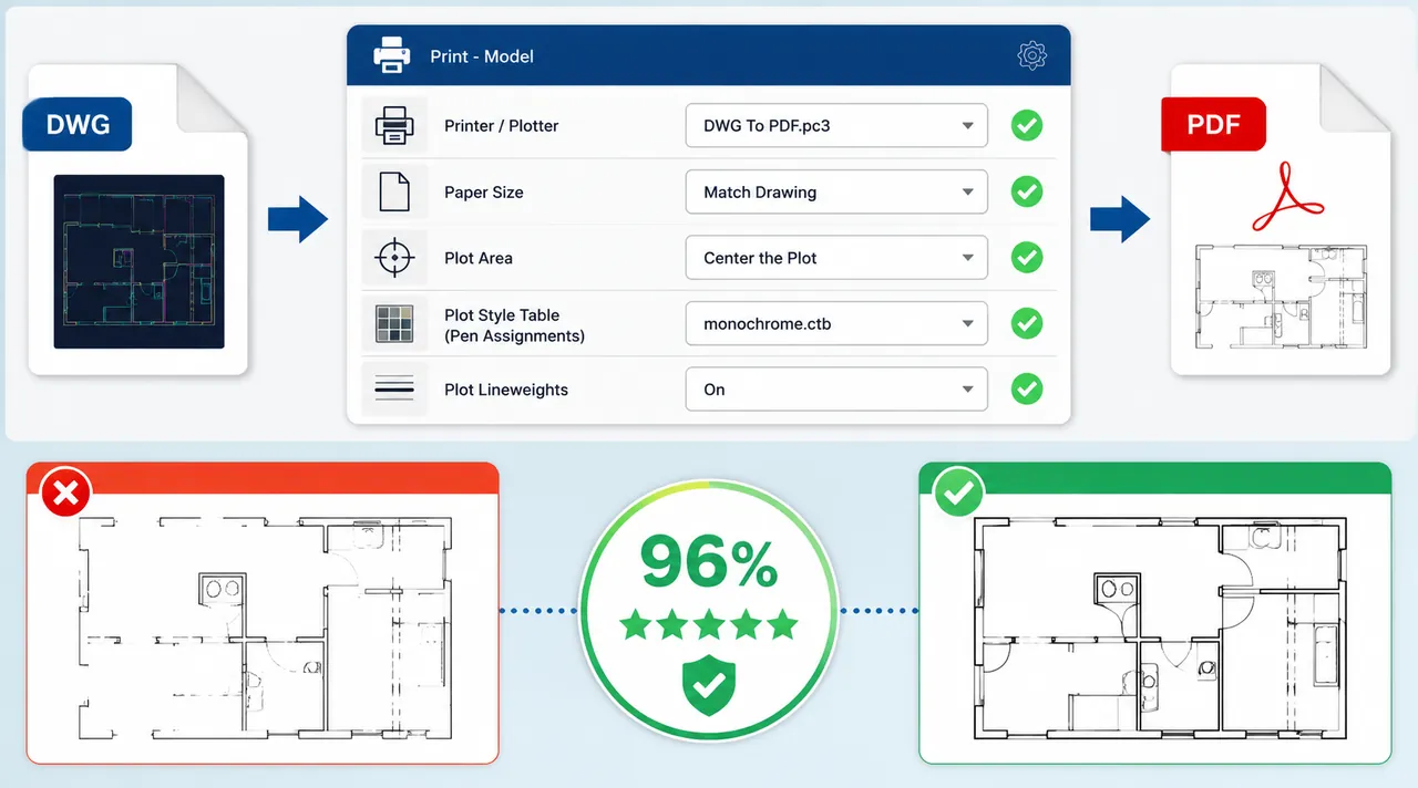 Infographic showing AutoCAD print settings for CAD to PDF conversion: DWG to PDF.pc3, paper size mat