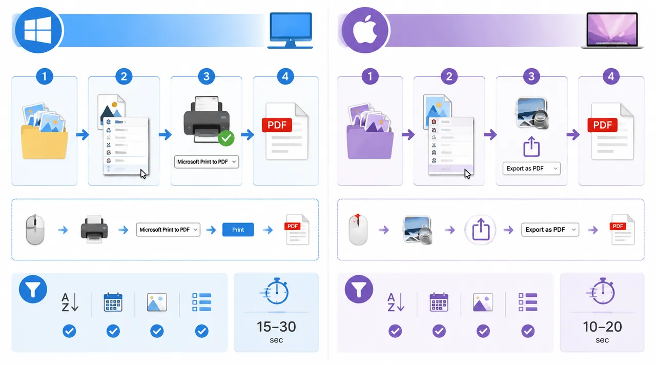 Infographic showing Windows and Mac JPG to PDF workflow side by side, including right-click print, M