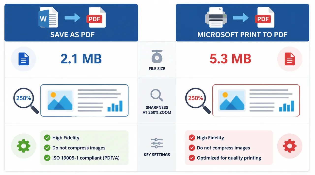 Infographic comparing two Word to PDF export methods: Save As PDF vs Microsoft Print to PDF, showing