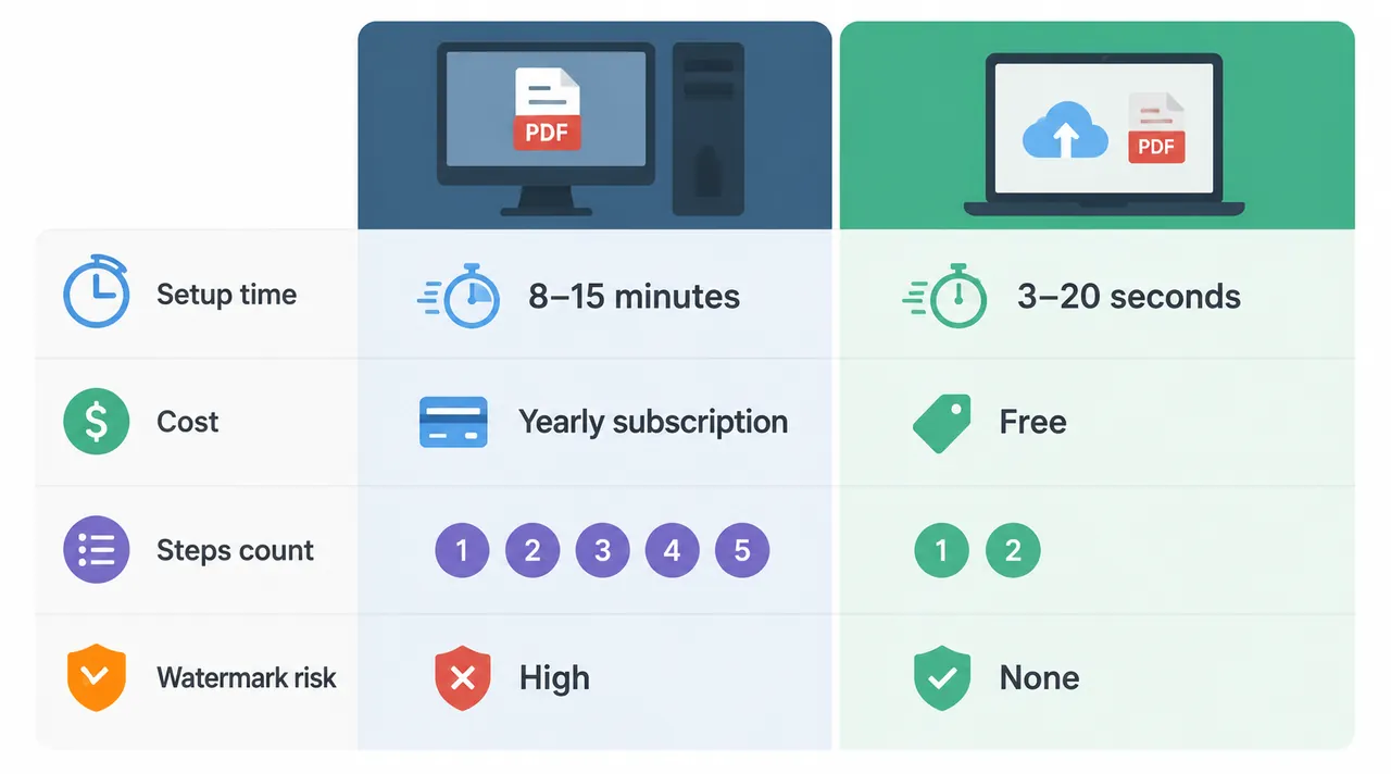 Comparison chart of traditional desktop PDF merge vs online merge tool, with metrics: setup time 8-1