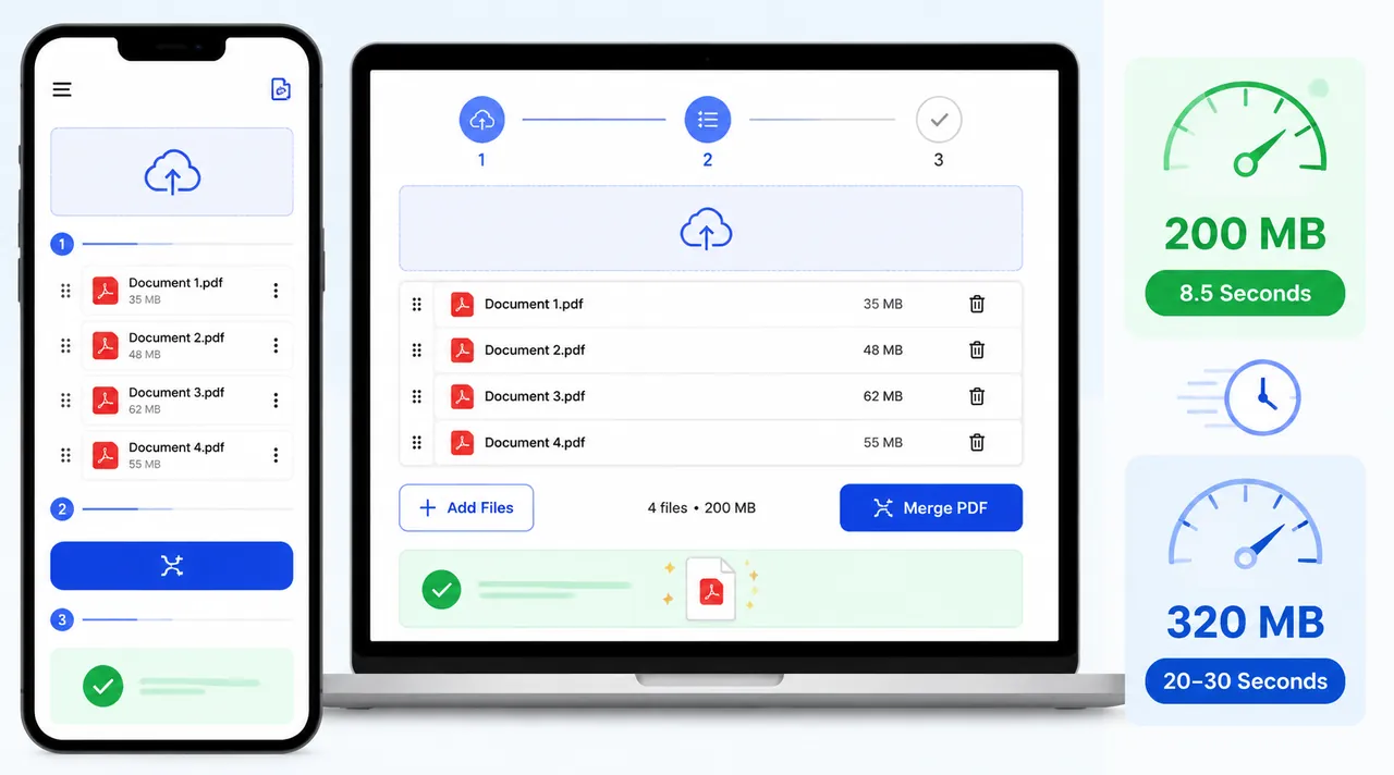 Mobile-friendly PDF merge interface mockup on smartphone and laptop, showing upload, reorder, merge 