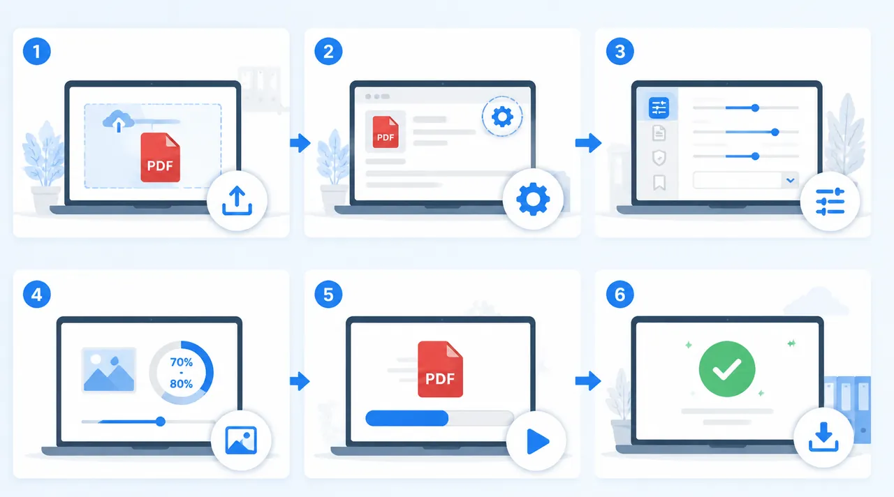 Infographic showing online PDF compression workflow with 6 steps: upload PDF, open settings, choose 