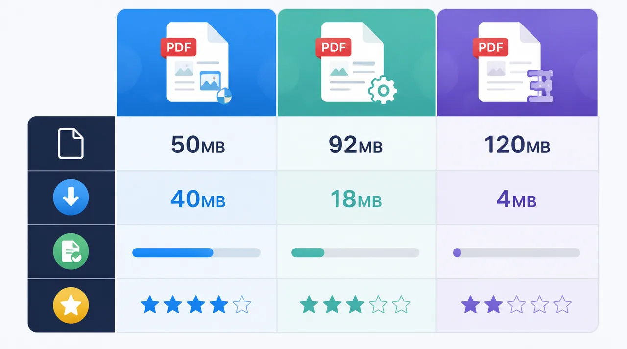 Data comparison chart of three PDF compression methods, showing original sizes 50MB, 92MB, 120MB and