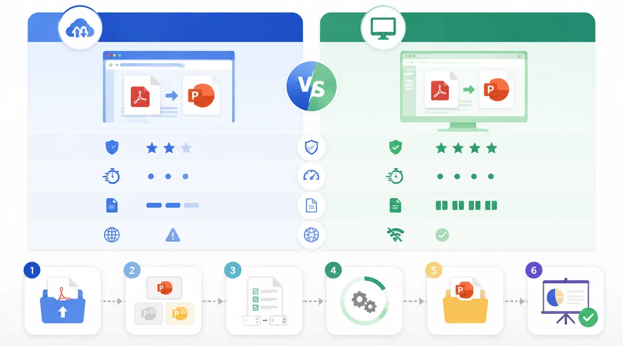 Infographic comparing two PDF to PPT methods, web vs local tool, showing file security, speed, file 