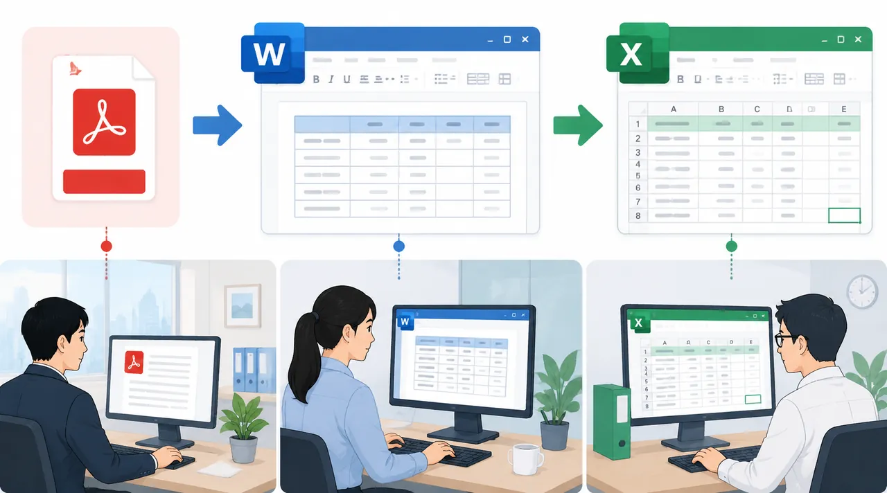 Office workflow infographic showing a PDF file opened in Word, converted into editable table, then c