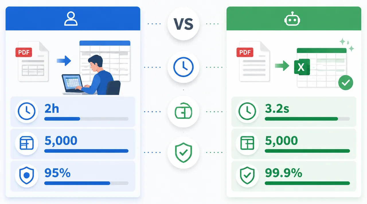 Data comparison chart showing manual copy versus online PDF to Excel conversion, including 2 hours v