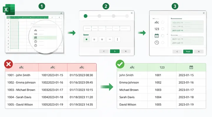 Excel repair tutorial illustration showing text format selection, data split wizard, and corrected d