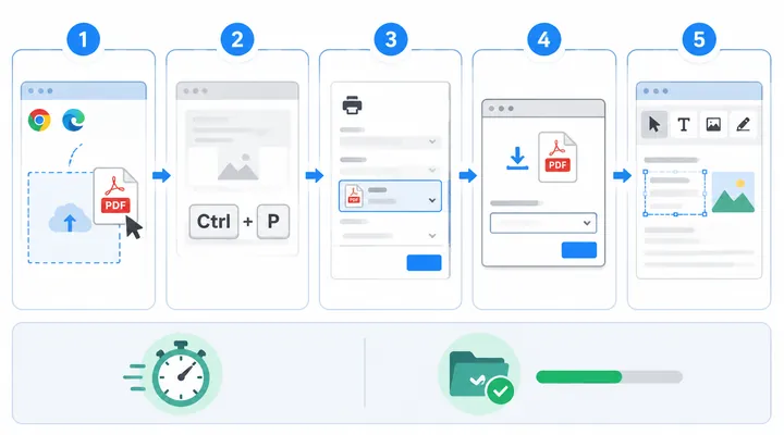 Infographic showing browser PDF unlock method in 5 steps: drag file into Chrome or Edge, press Ctrl+