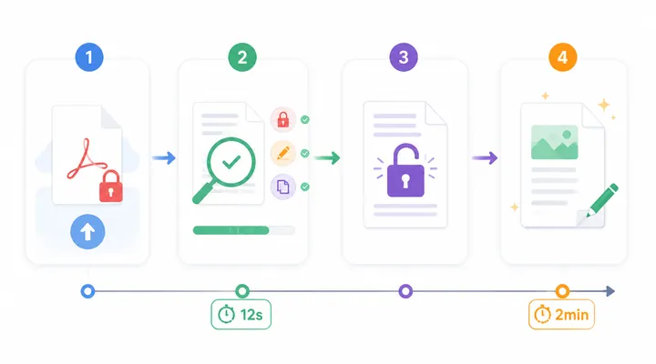 Clean workflow diagram for professional PDF unlock tool, 4 steps: upload encrypted PDF, detect restr