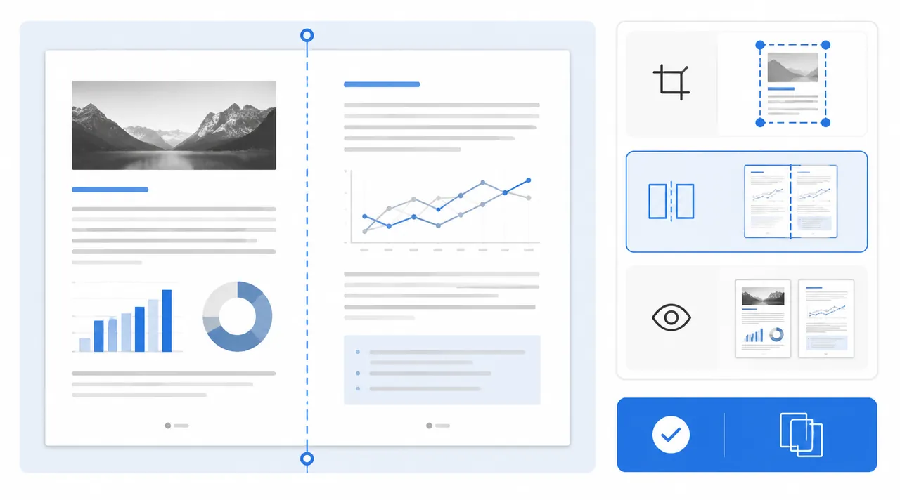 Infographic showing a scanned PDF page split vertically into left and right pages, with interface la