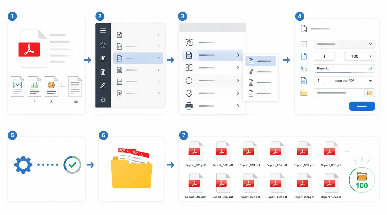 Step-by-step workflow chart for extracting each PDF page into separate files with auto renaming, sho