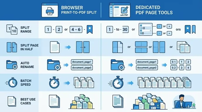 Comparison infographic between browser print-to-PDF split and dedicated PDF page tools, with columns