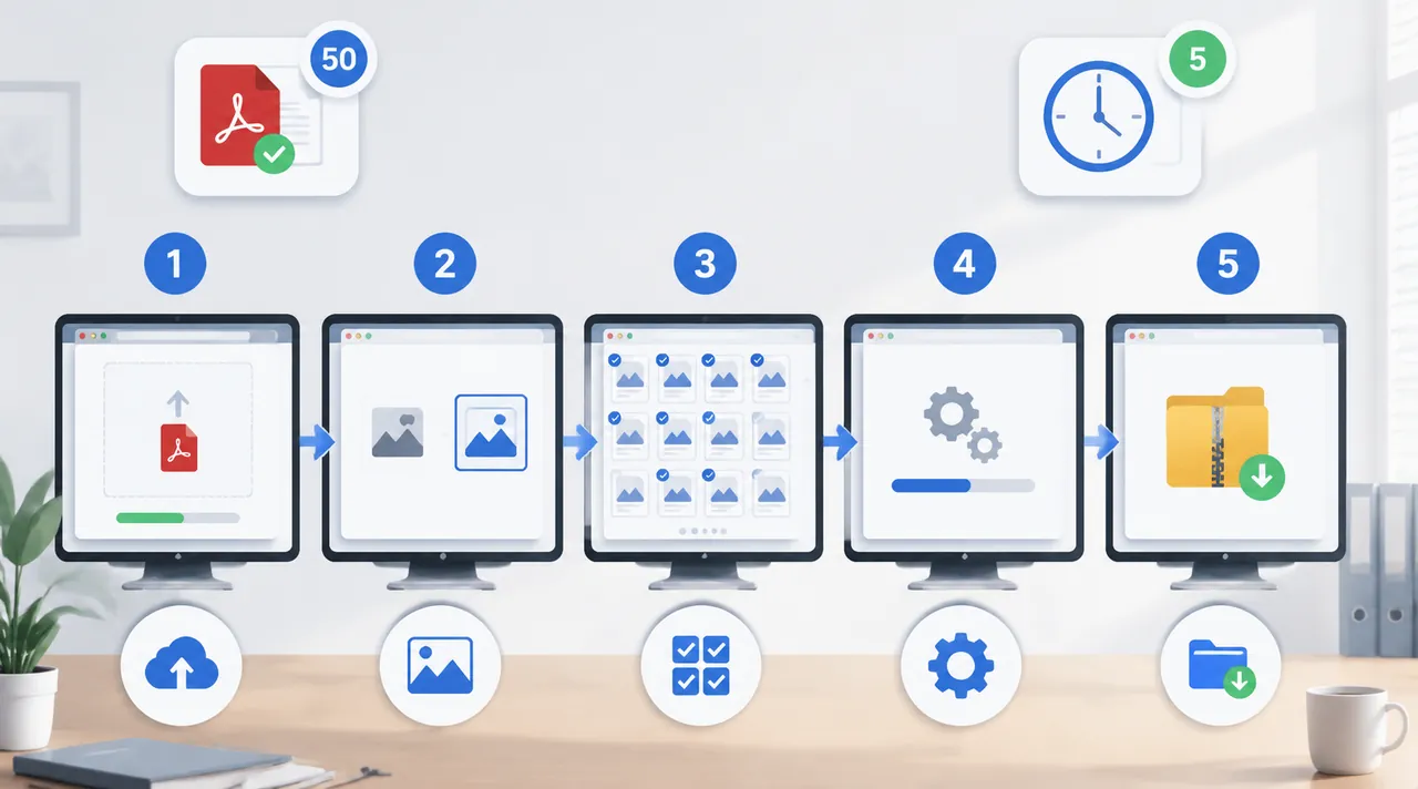 Infographic showing free PDF to JPG conversion workflow on desktop, 5 steps: upload file, choose JPG