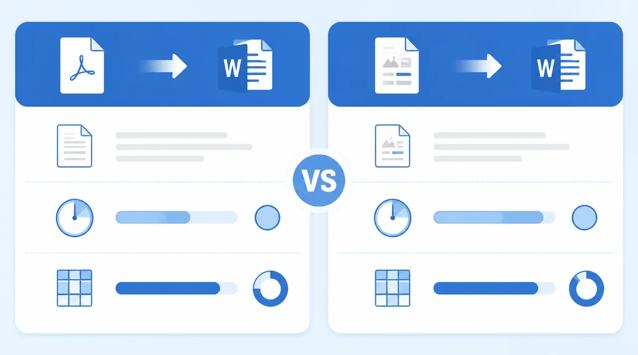 Infographic comparing two PDF to Word methods: direct open in Word vs OCR conversion, showing file t