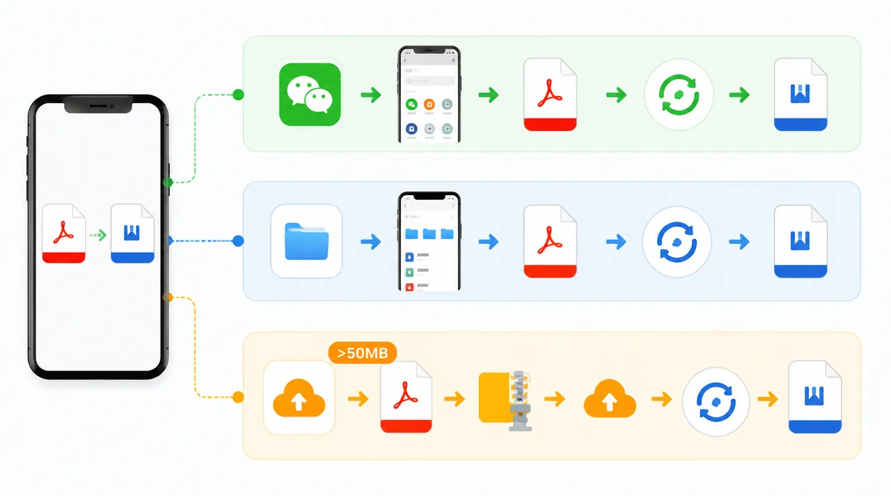 Mobile workflow diagram for converting PDF to Word on smartphone, showing WeChat mini program path,