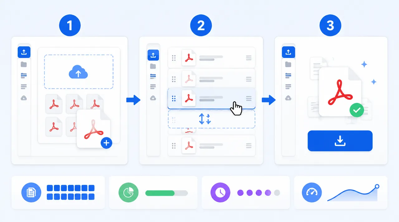 A clean 3-step workflow infographic for online PDF merge: upload multiple files, drag to reorder, cl