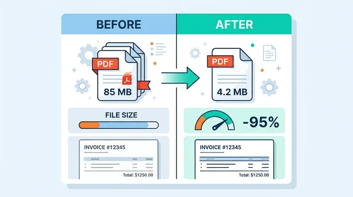 Before-and-after comparison chart for merged PDF compression: 85MB reduced to 4.2MB, 95 percent smal