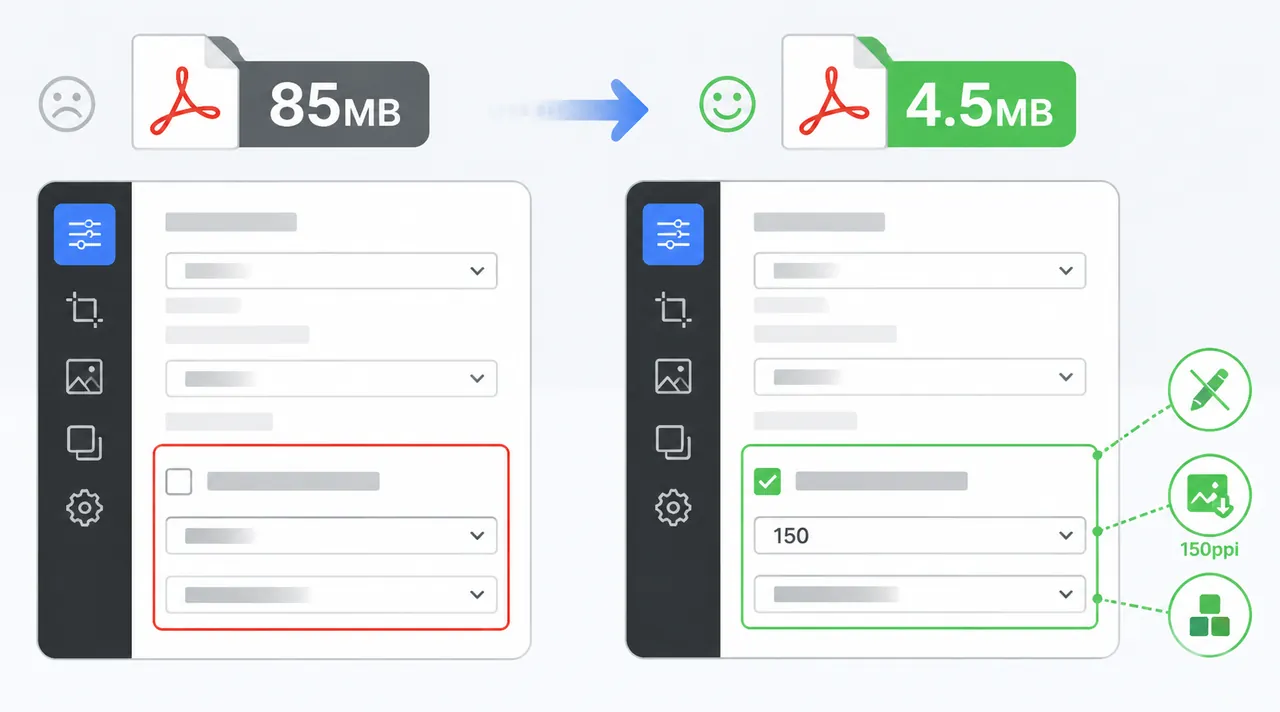 Infographic comparing PDF export settings from design software, showing default export 85MB versus o