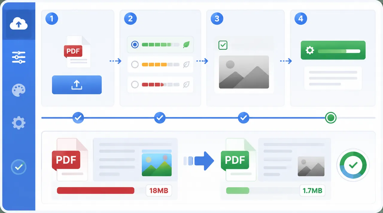 Step-by-step workflow for online PDF compression under 2MB, showing upload, choose compression level