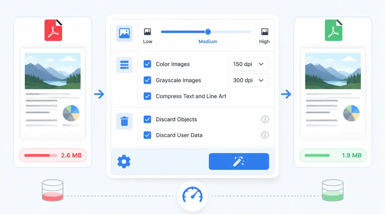 Professional PDF optimization panel mockup showing image compression settings, discard objects and u