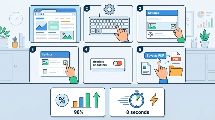 Infographic showing browser HTML to PDF conversion steps in Chrome: open webpage, press Ctrl+P, enab