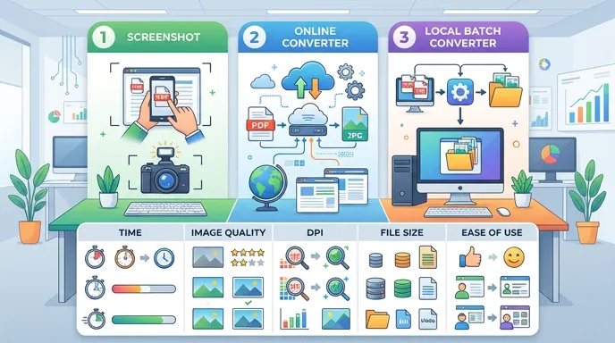 Infographic comparing three PDF to JPG methods: screenshot, online converter, local batch converter,