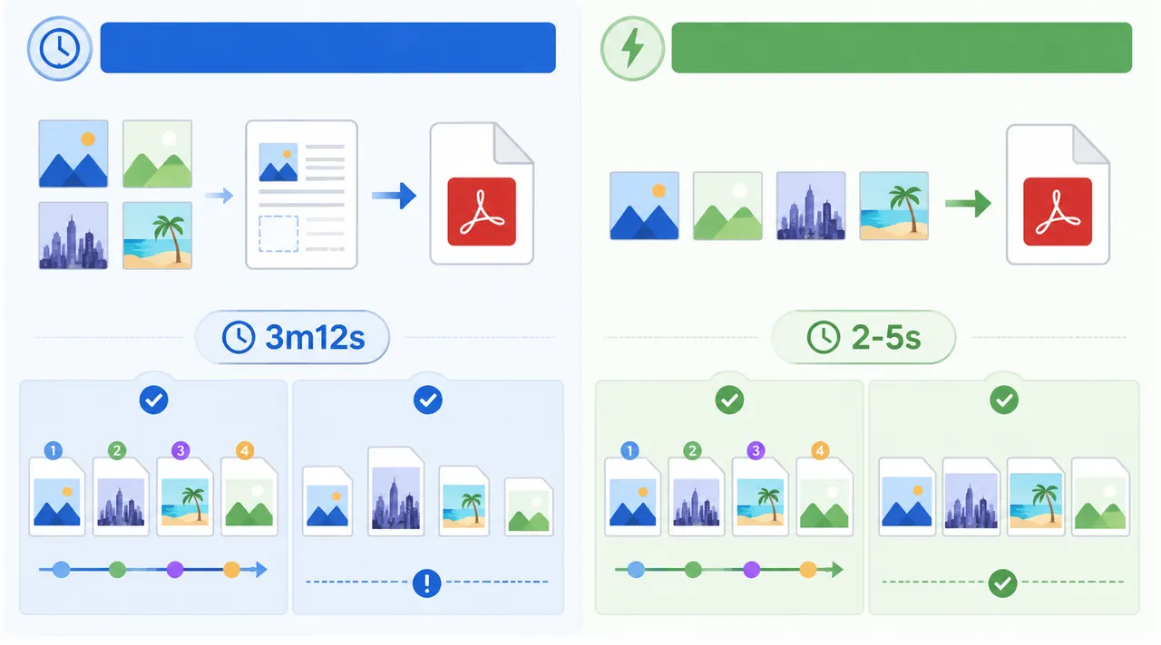 Side-by-side comparison chart of two image-to-PDF workflows: insert into document versus direct merg