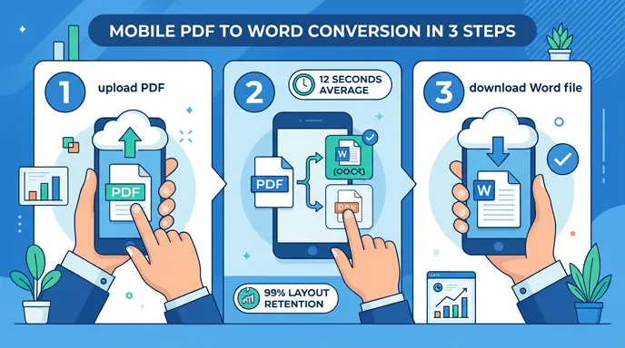 Infographic showing mobile PDF to Word conversion in 3 steps: upload PDF, choose convert format, dow
