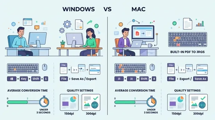 Infographic comparing built-in PDF to JPG methods on Windows and Mac, showing shortcut keys, export 