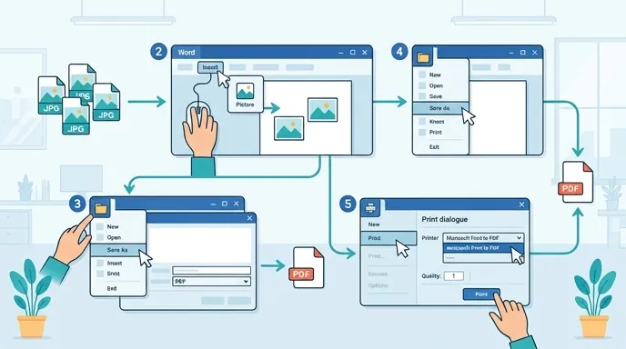 Step-by-step workflow for converting JPG images back to PDF using Word and virtual printer, with men