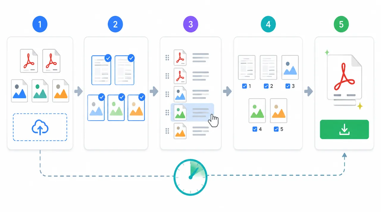 Step-by-step workflow diagram for merging two PDFs and three scanned images into one file, showing u