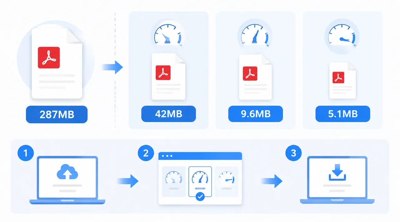 Infographic comparing PDF compression results: original 287MB file to 42MB, 9.6MB, and 5.1MB across 